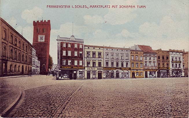 Frankenstein. Marktplatz mit schiefem Turm